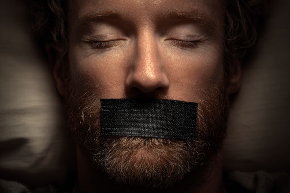 Man sleeping with Restora Dream mouth tape for better sleep and nasal breathing