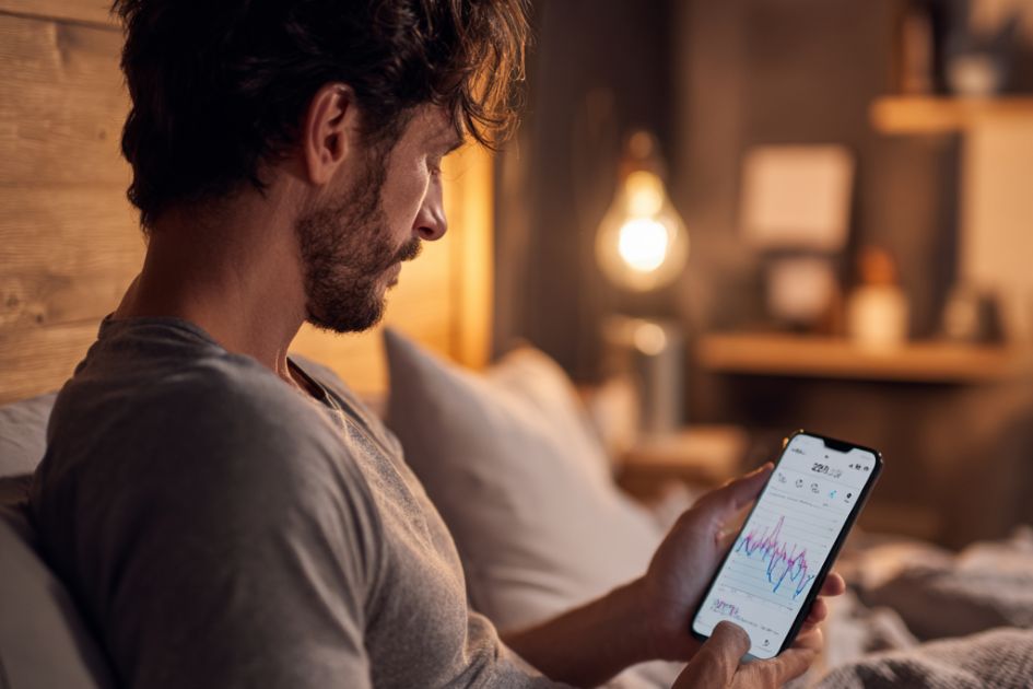 Restora Dream Smart Sleep Band user reviewing nightly sleep tracker results on phone