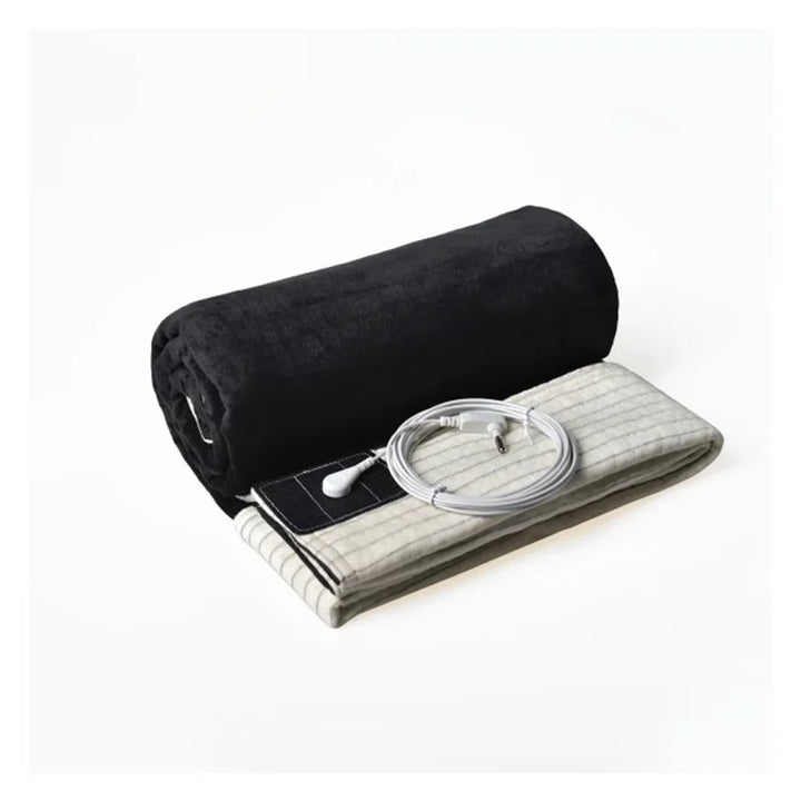 Rolled-up black grounding blanket with grounding accessories and conductive silver fabric
