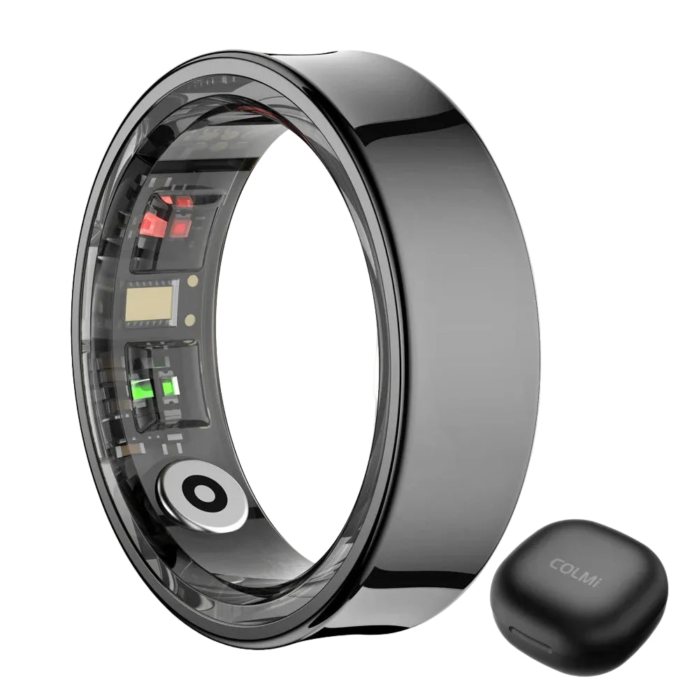 Smart ring with electronic components and a small black device on a white background