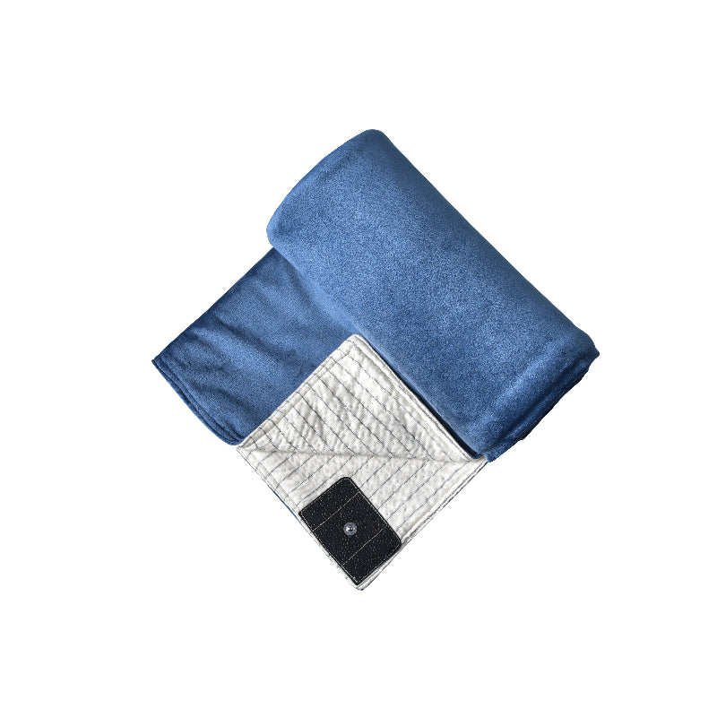 Soft blue grounding blanket folded, displaying grounding connection panel