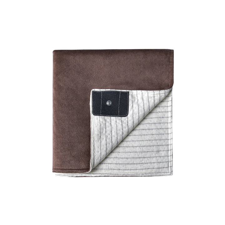 Brown grounding blanket neatly folded, showing grounding connection panel