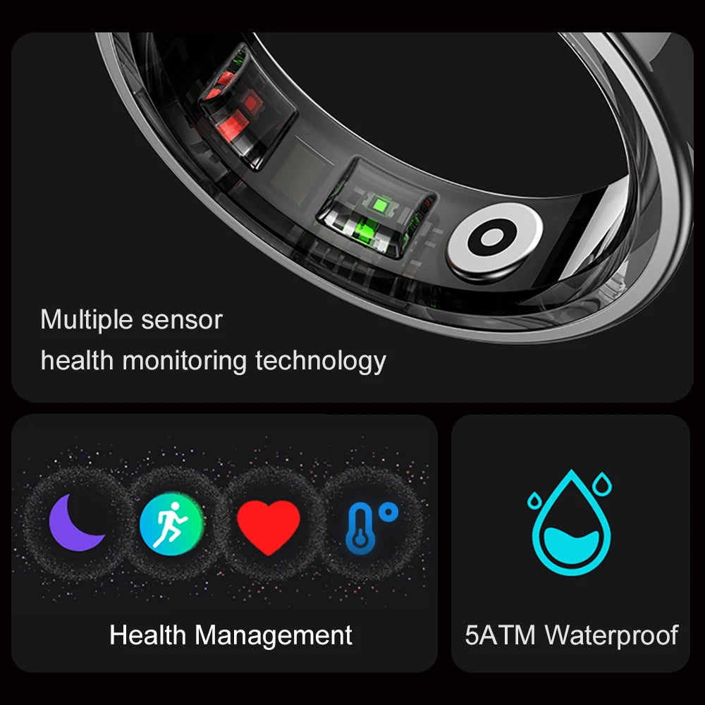 Health monitoring device with sensor technology and waterproof feature on a black background