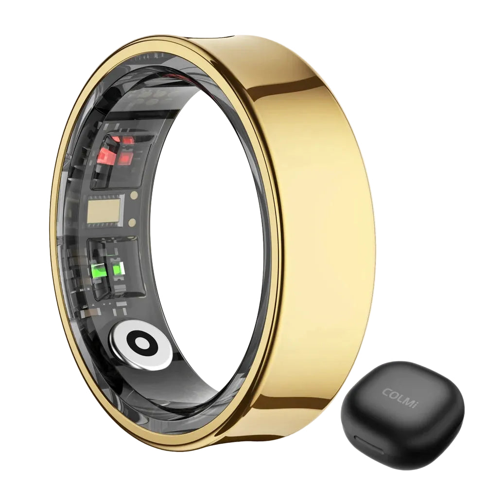 Gold smart ring with electronic components and a black case on a white background
