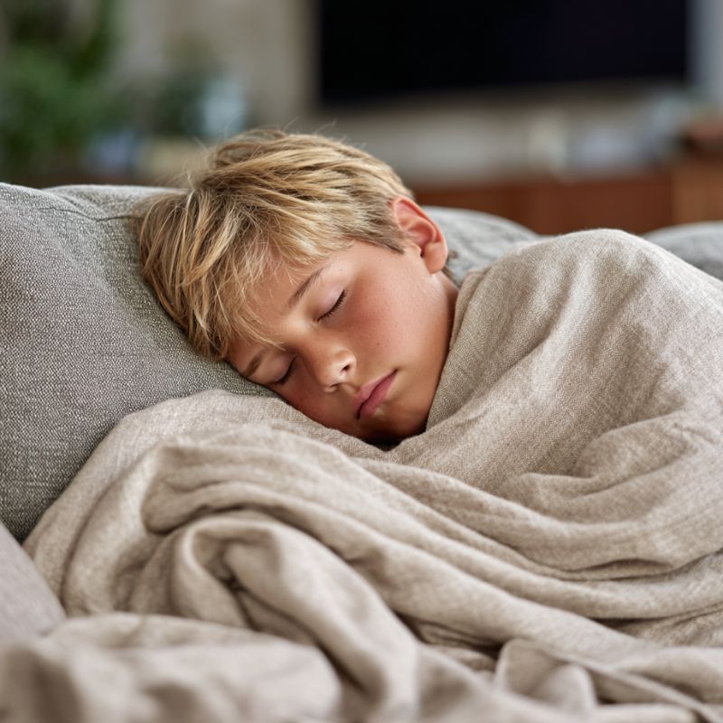Person sleeping under a grounding blanket on a couch in a cozy living room.
