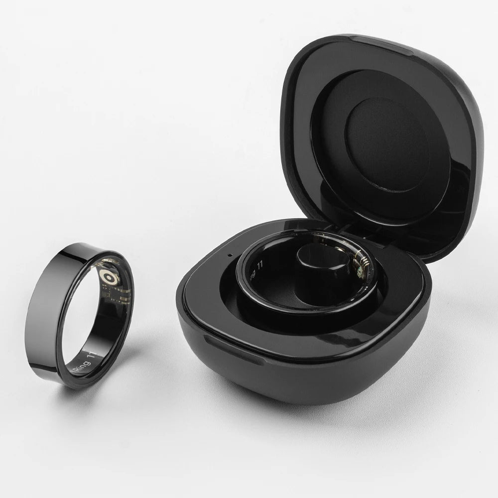 Black wireless earbuds with charging case on a white background