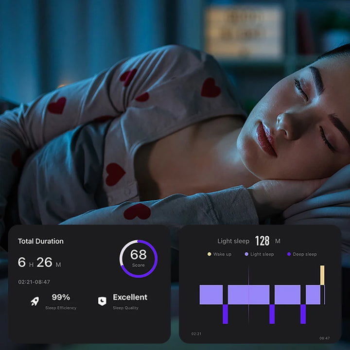 Person lying down with sleep analysis interface on a dark background