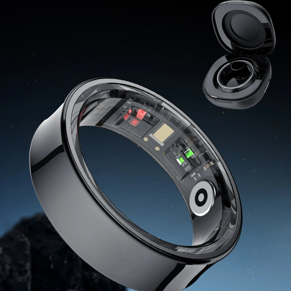 Health monitoring ring with 'COLMi R09' branding on a dark background