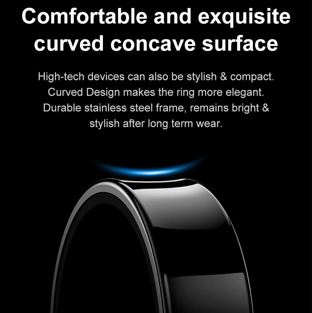 Black ring with curved concave surface on a black background, featuring text about its design and durability.