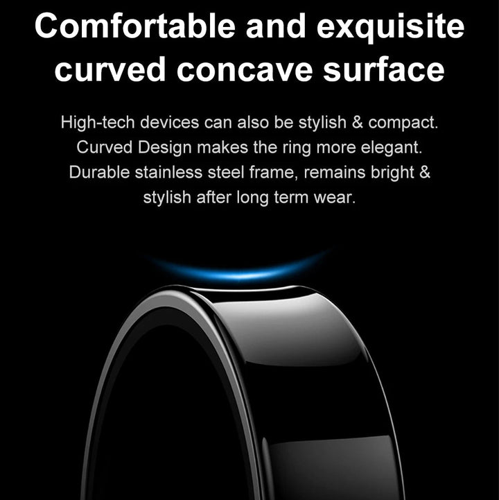 Black ring with curved concave surface on a black background, featuring text about its design and durability.