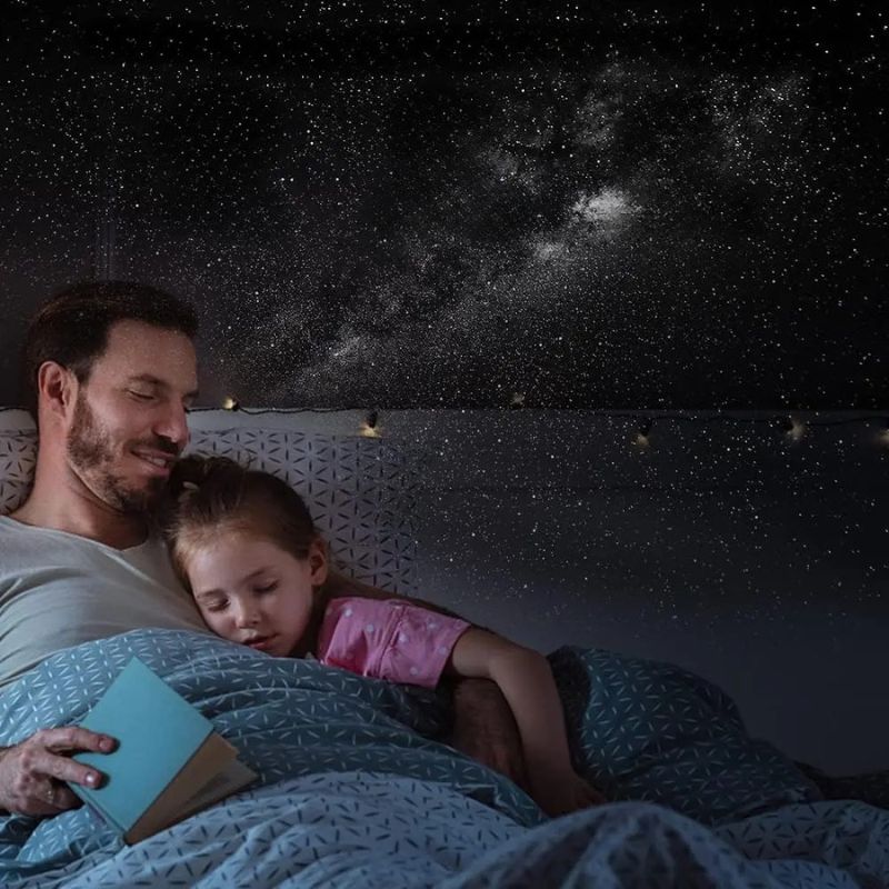Parent and child relaxing under starry sky projection created by 4K projector