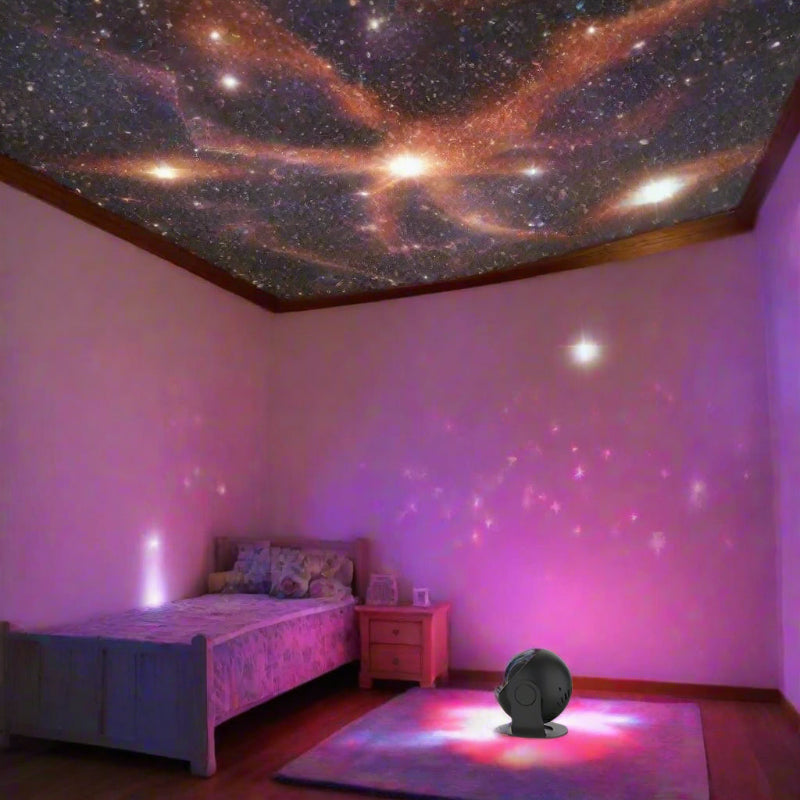 4K star projector displaying a galaxy pattern on bedroom ceiling with ambient pink lighting