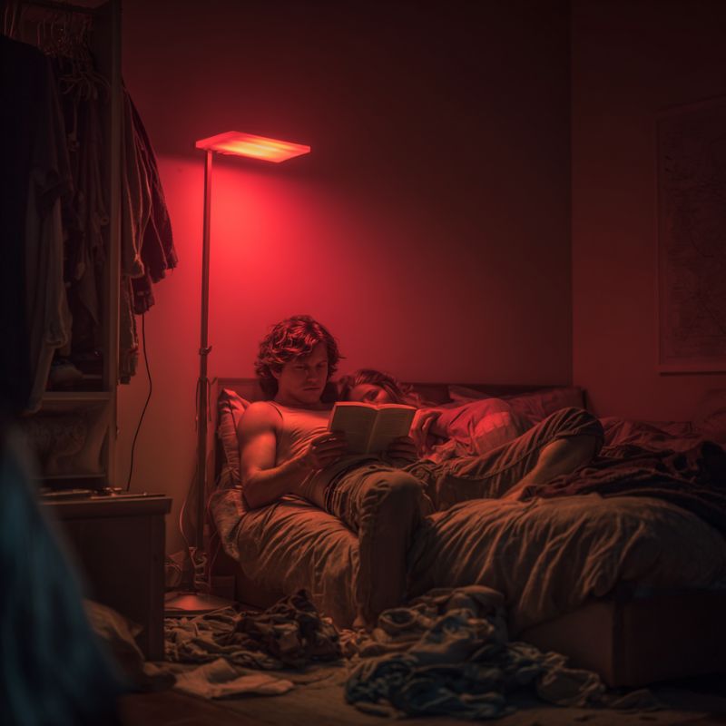 A man reading his book in bed enjoying the best red light therapy lamp