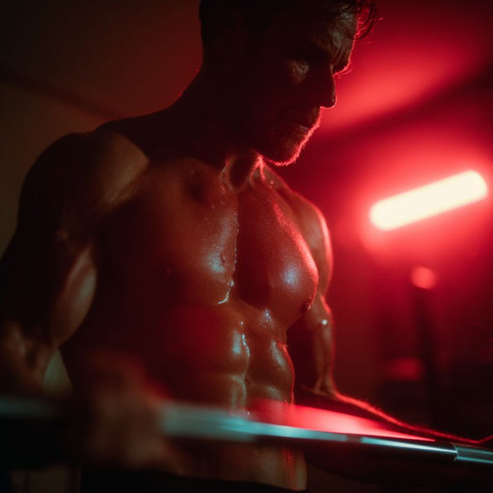 A strong man enjoying red light therapy benefits